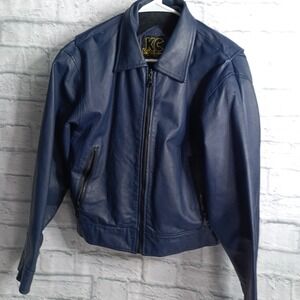 KC Collections Womens Navy Blue Genuine Leather Bomber Jacket Size Medium Zip Up